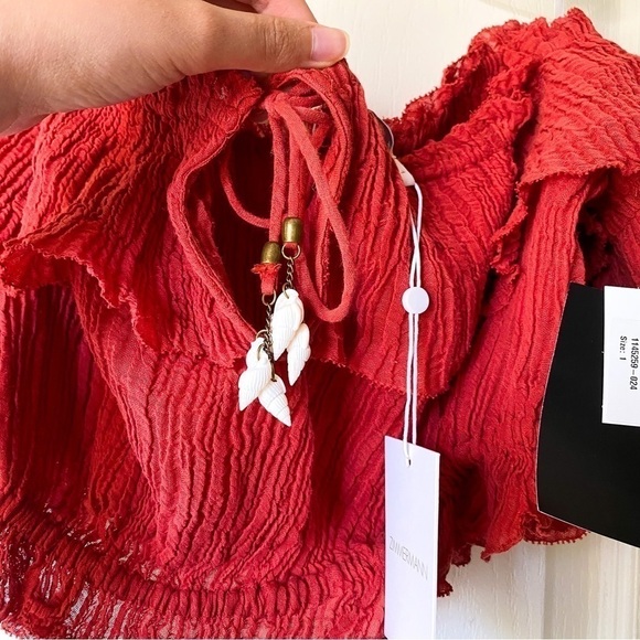 Zimmermann Top Veneto Off-Shoulder Draw Gauze Shell Crinkle Vacation Clay 1 NWT - Picture 4 of 9